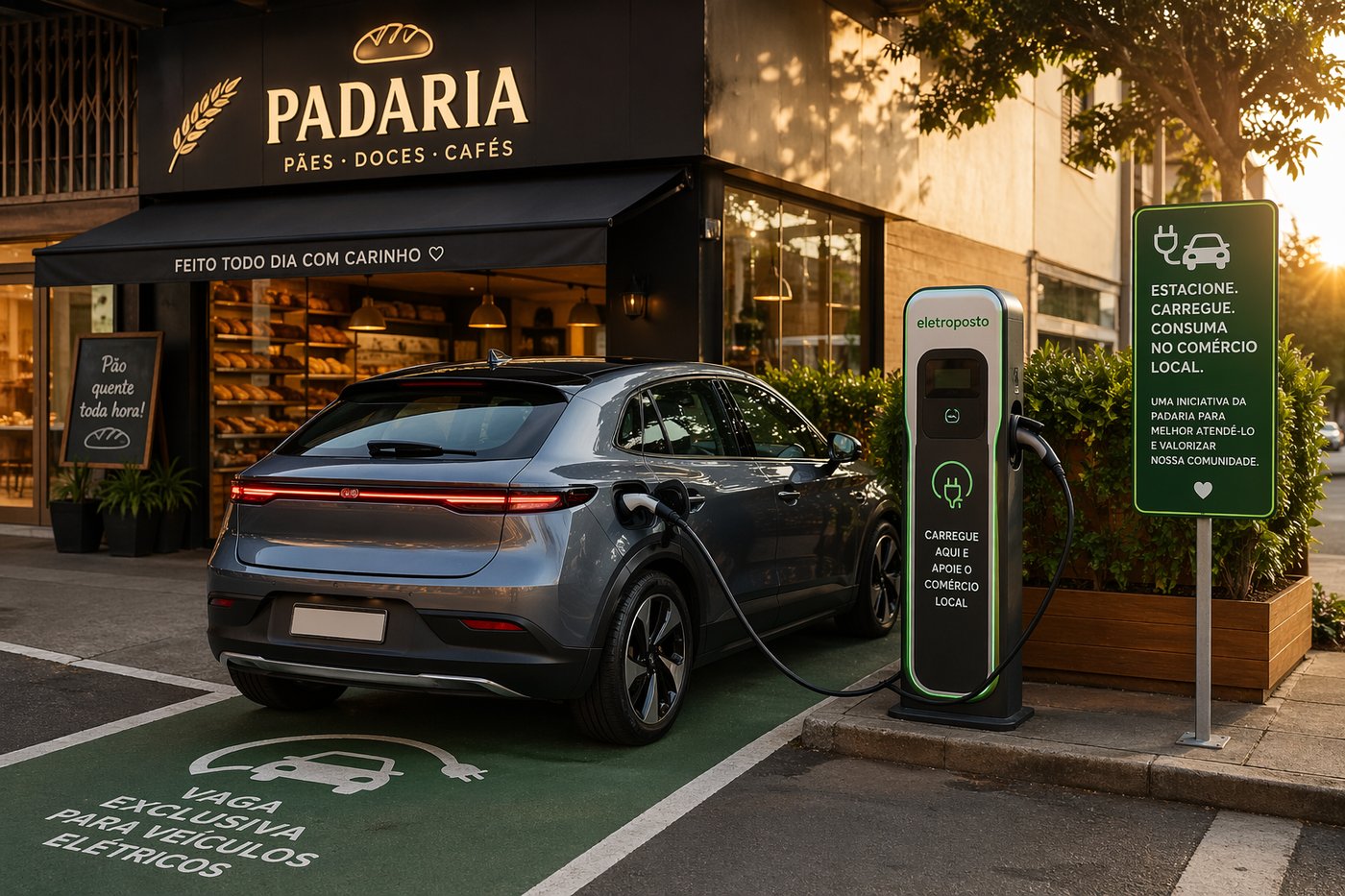 Carro elétrico conectado ao eletroposto Liberta em frente a uma padaria — vaga exclusiva para EVs com sinalização de apoio ao comércio local